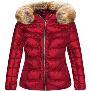 Women's Reversible Puffer Coat Winter Jacket Padded Bubble with Hood, Bright Red